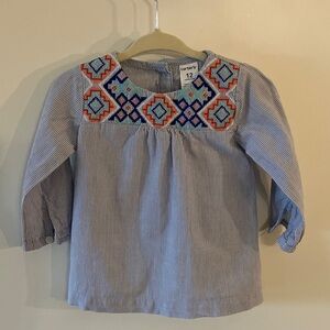 Carter's Blue Striped Blouse with Colorful Embroidery
